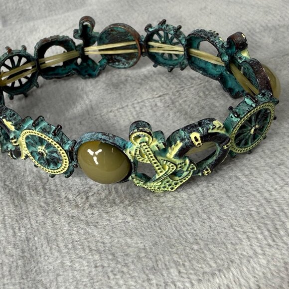 Nautical-Themed Stretch Bracelet Aged Patina Finish Tan Green Accents Distressed - Picture 7 of 16